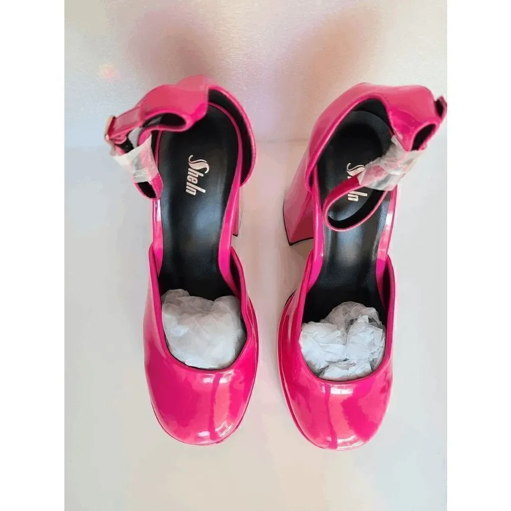 Barbie Pink Artificial Patent PU Leather Closed Toe Platform Pumps SIZE 7 NEW